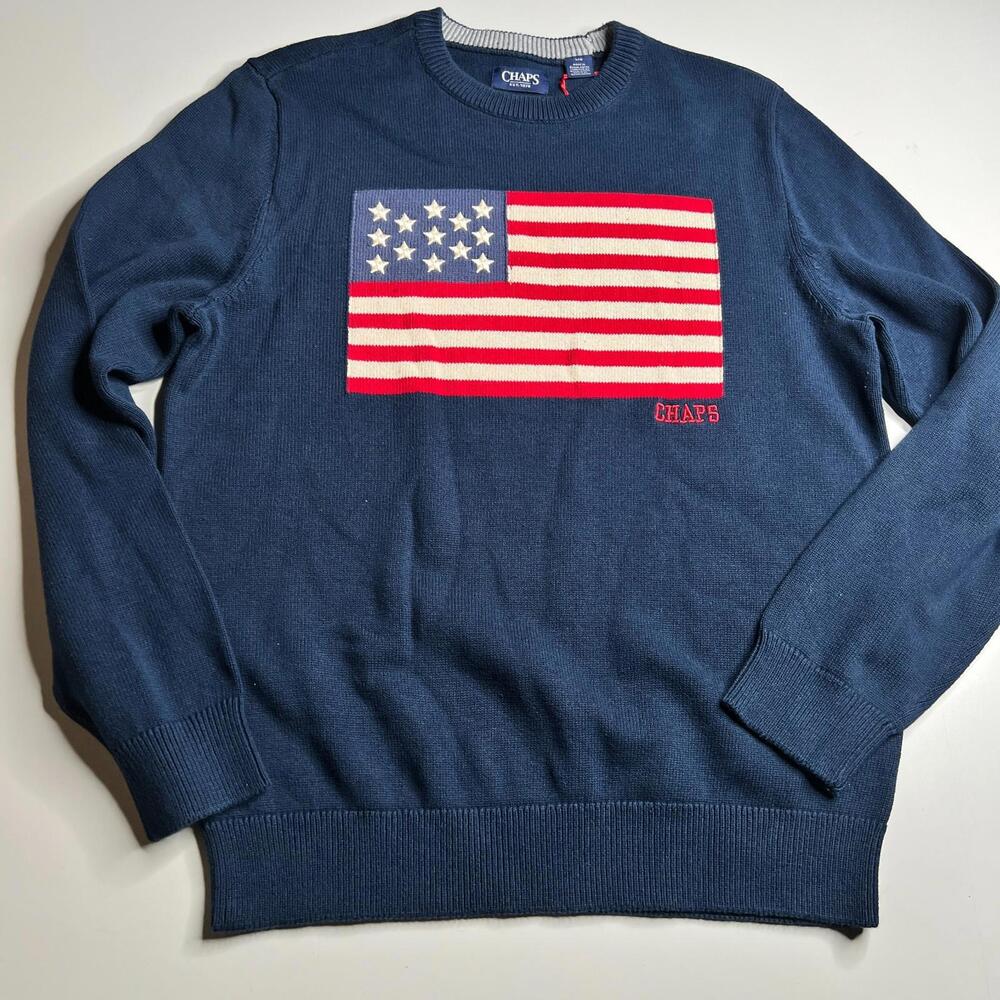 Chaps USA Flag Sweater Mens L Navy Blue Cotton Pullover New Without Tags